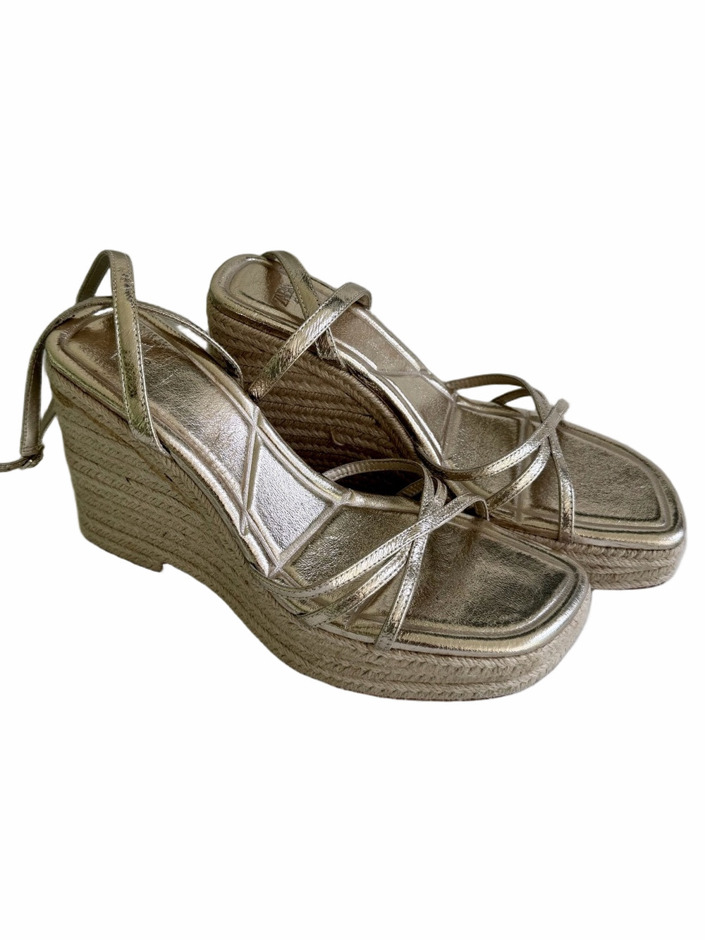 Zara Metallic Gold Strappy Wedge Jute Espadrille Sandals Size EU 40 US 9